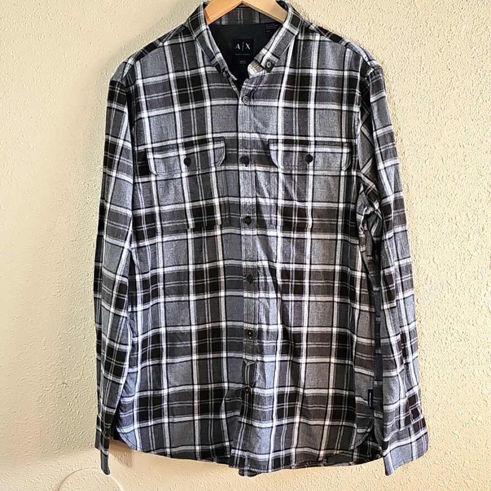 A/X Armani Exchange Men's Black Plaid Shirt.